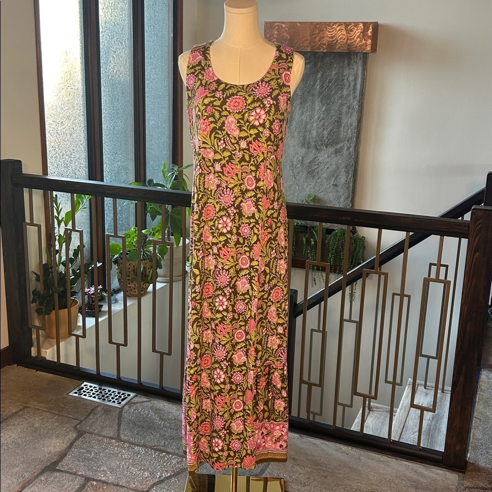 J. Jill Cottagecore Boho Prairie Floral Sleeveless Maxi Dress | Brown Pink Green